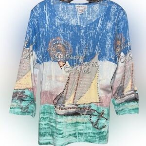 CRUISE WEAR & CO Vintage Sequined Embellished 3/4 sleeved Top LARGE